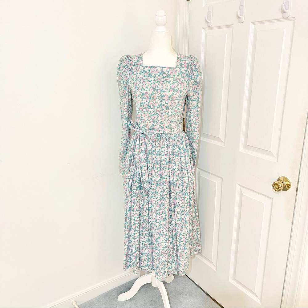 vintage 80s laura ashley teal floral puff sleeve long sleeve dress